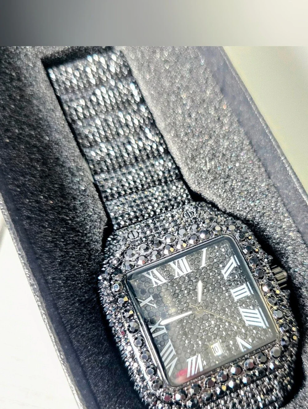 344.  Black Crystal-Embellished Square Face Watch